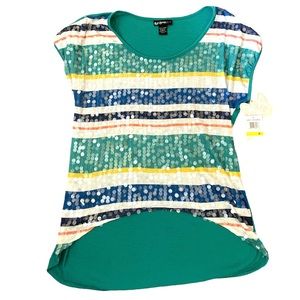 Self Esteem Sequined Front Teal/White Striped Women's Med Blouse NWT